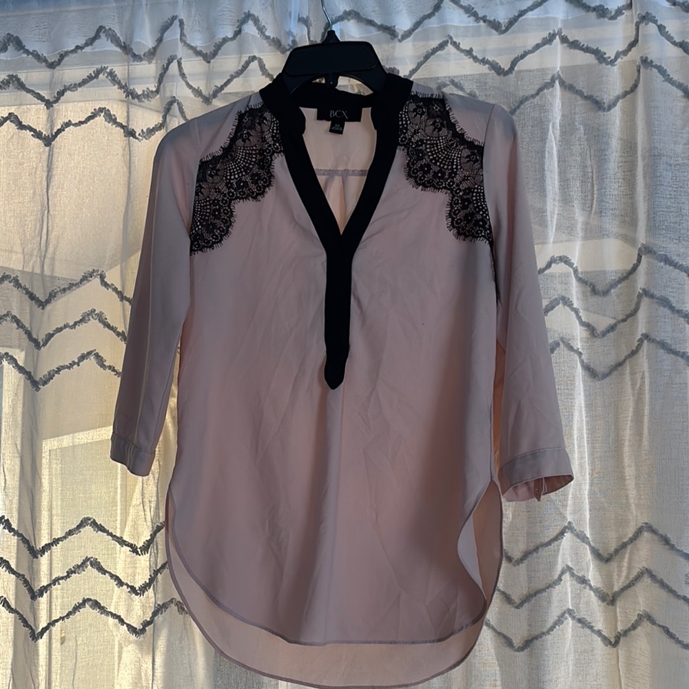 BCX Tan Mandarin Collar Blouse with 3/4 Sleeves